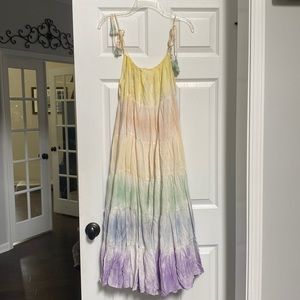 JUDITH MARCH tiered pastel tie dye tassel summer midi dress sz S
